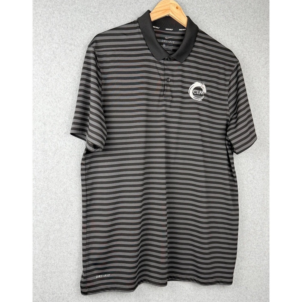 Nike Golf Dri Fit Polo Shirt Mens Large Gray Black Striped CLM Logo